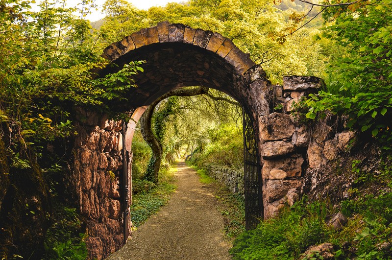 Tuinposter 'Muurboog met doorkijkje naar bos'