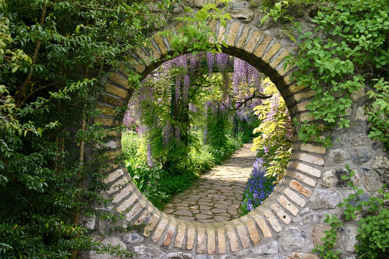 Tuinposter 'Ronde doorkijk naar blauwe regen '