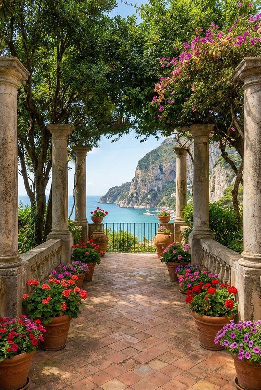 Tuinposter 'Italiaans bloeiend terras met zeezicht'