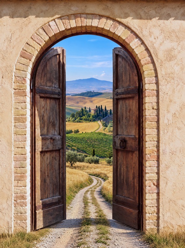 Tuinposter 'Rustieke deur naar Toscaans landschap'